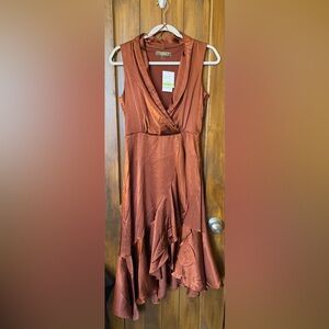 Sleeveless Copper Satin Wrap Dress